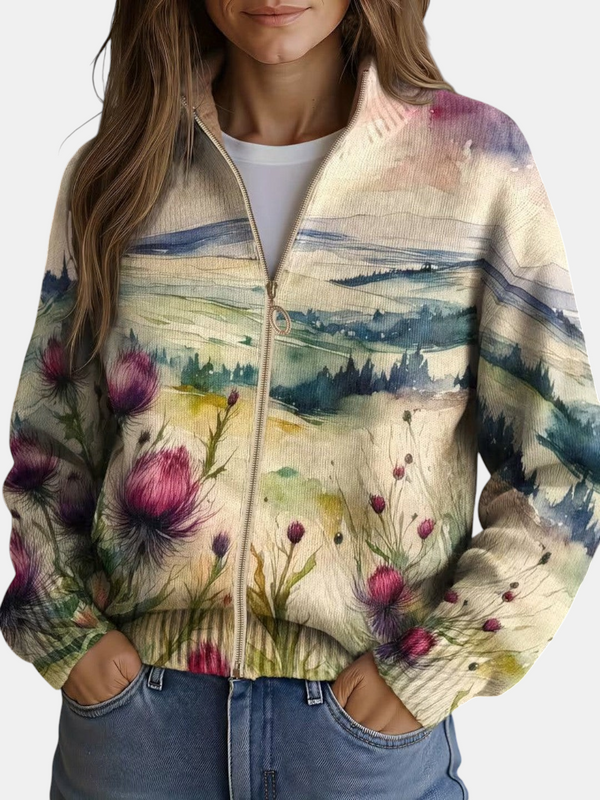 Cardigan Margaret Dublin com fecho, estampado de aguarela com cardos e paisagem em tons de azul, creme, sálvia e violeta