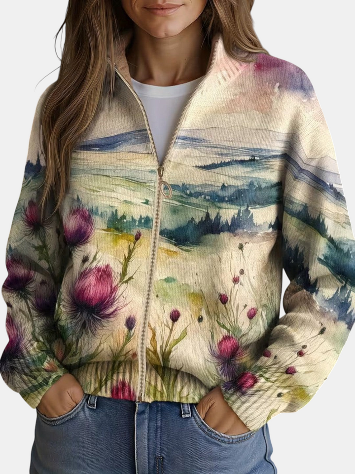 Cardigan Margaret Dublin com fecho, estampado de aguarela com cardos e paisagem em tons de azul, creme, sálvia e violeta