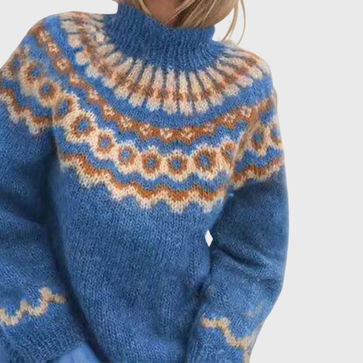 Sonja | Blue Jumper with Stand Collar and Nordic Pattern